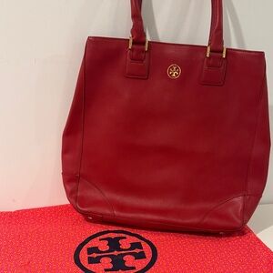 Tory Burch Red Leather Tote with Gold Logo Hardware